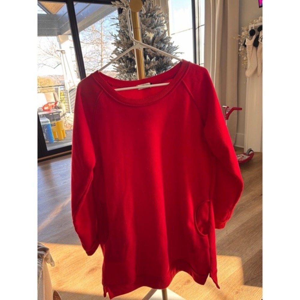 Red Long Sleeve Sweatshirt Tunic Dress Pockets Casual Top Womens- L